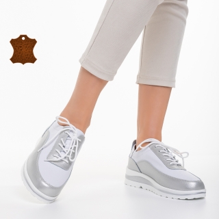 Дамски обувки casual бели със сребристо  от естествена кожа  Lessie